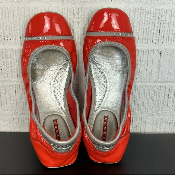 Prada Buffalo Lux Orange Silver Patent Leather Scrunch Ballet Flats Size 36 - Picture 8 of 16